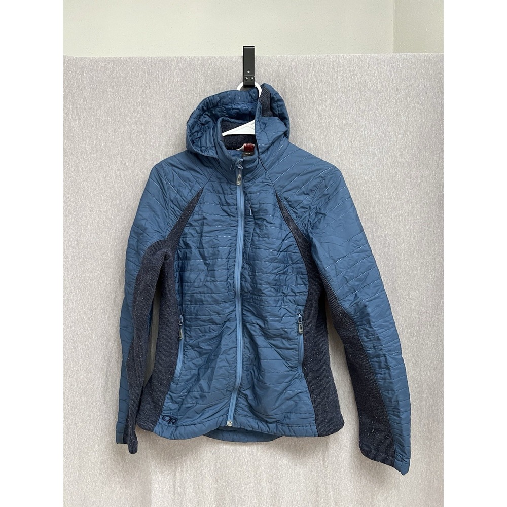 Outdoor Research Jacket Womens Sz M Blue Hybrid Hooded Hiking Trail Camp
